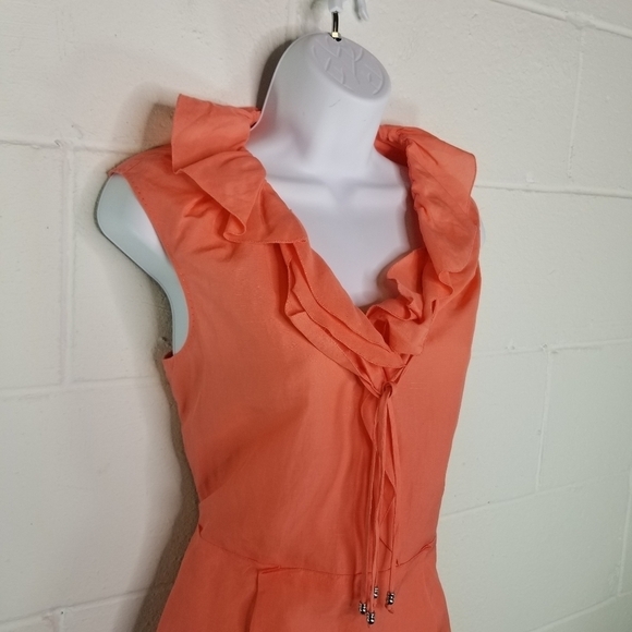 Elie Tahari Christie peach coral linen blend ruffle midi dress - Picture 8 of 11